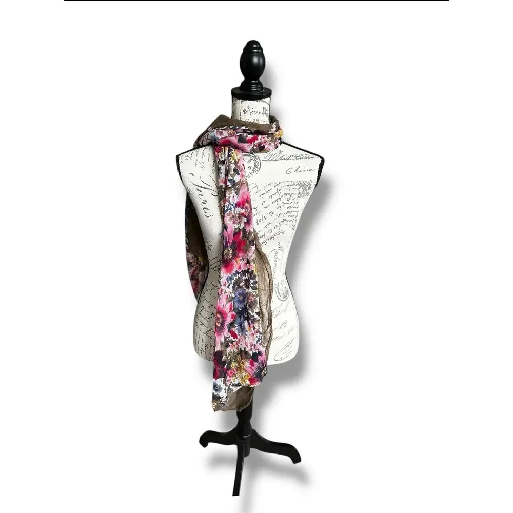 Floral Viscose Scarf Wrap Brown Pink Blue Yellow Flowers